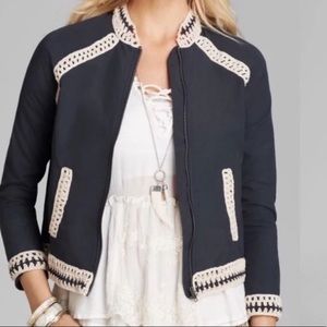 Free people navy blue bomber jacket with crochet trim